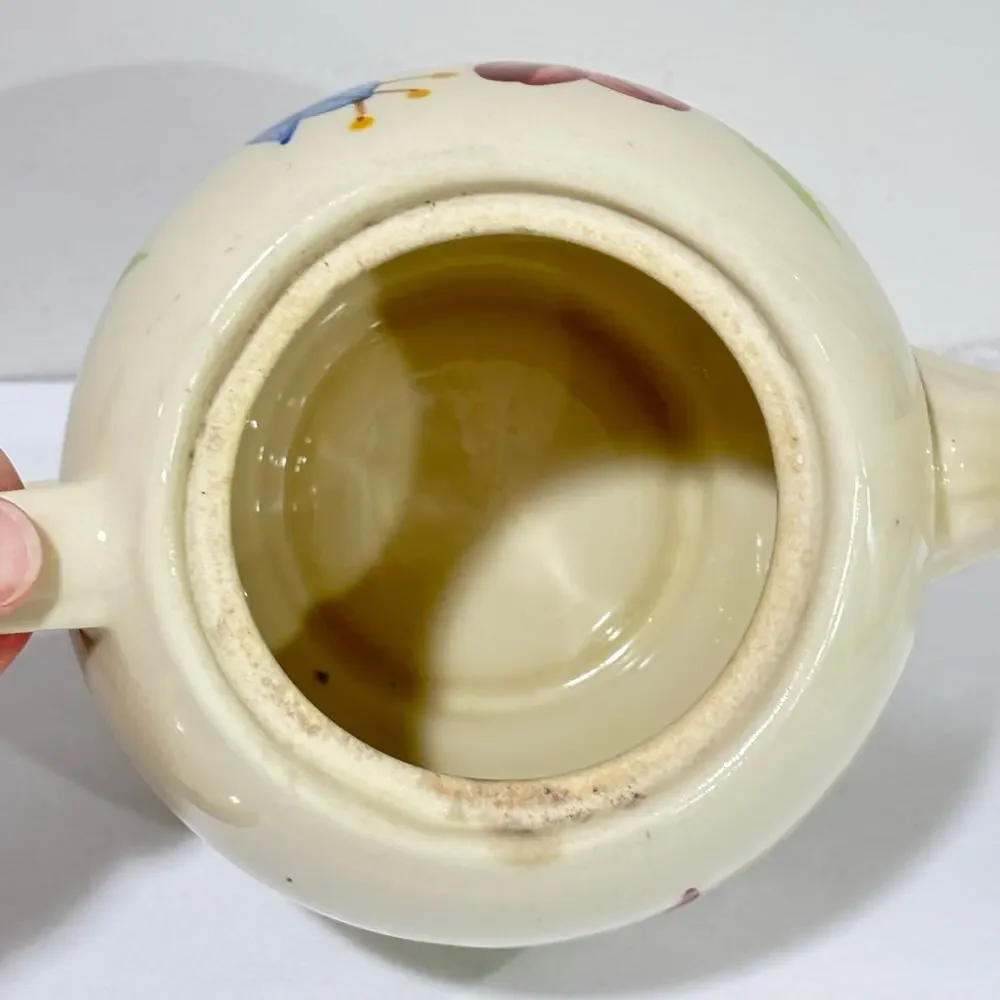 Vintage USA Shawnee Teapot creamy white ceramic & hand painted floral design
